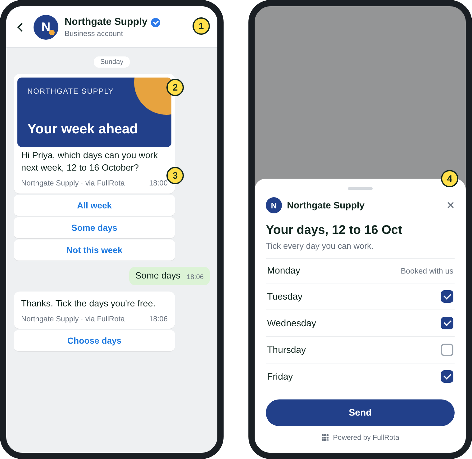 Two phone screens. On the left, a WhatsApp chat from Northgate Supply with its logo at the top, a blue and amber banner on the availability message, and a small grey footer line. On the right, an availability form in Northgate's colours with a small Powered by Shiftbell credit at the bottom.